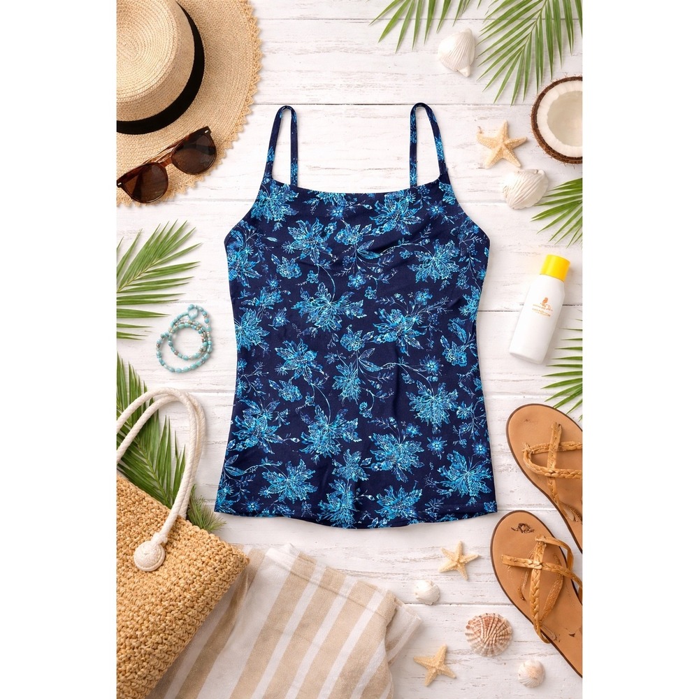 Beach Lands End Blue Floral Tankini Swim Top Square Neck Shelf‎ Bra S 6-8